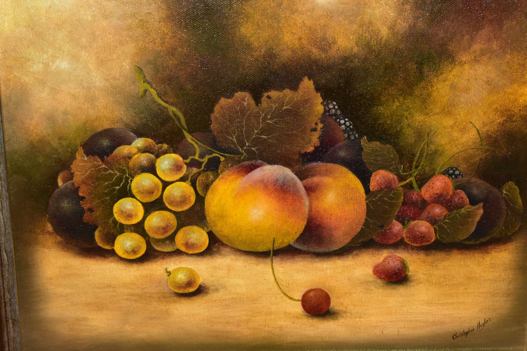 CHRISTOPHER HUGHS (BRITISH CONTEMPORARY), a still life of fruits, signed bottom right, oil on - Image 2 of 7