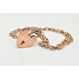 A 9CT GOLD BRACELET WITH HEART PADLOCK CLASP, the fancy link bracelet with heart padlock clasp,