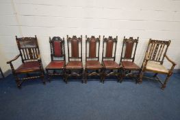 A SET OF FOUR EARLY 20TH CENTURY OAK HIGH BACK CHAIRS, with brown leather central splat and drop
