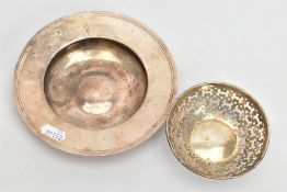 TWO SILVER DISHES, the first of a circular form, hallmarked London 1973, approximate diameter