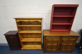 A PRIORY OAK SIDEBOARD, width 123cm x depth 46cm x height 87cm, along with a pine open bookcase, a