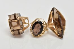 THREE 9CT GOLD SMOKEY QUARTZ DRESS RINGS, the first set with a rectangular cut Smokey quartz,