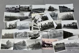 A QUANTITY OF ASSORTED BLACK AND WHITE POSTCARD SIZE PHOTOGRAPHS OF BRITISH STEAM LOCOMOTIVES,