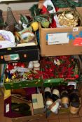 SIX BOXES OF CHRISTMAS DECORATIONS AND SHOES, containing modern Christmas decorations, baubles,