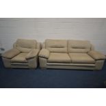 A BEIGE UPHOLSTERED TWO PIECE LOUNGE SUITE, comprising a two seater settee, length 218cm, and an