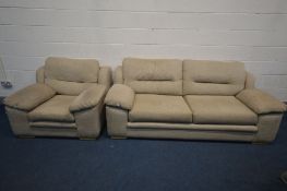 A BEIGE UPHOLSTERED TWO PIECE LOUNGE SUITE, comprising a two seater settee, length 218cm, and an