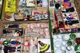 A QUANTITY OF BISQUE DOLLS HEADS, DOLLS TEAWARES, etc, the dolls with painted eyes and mouths,