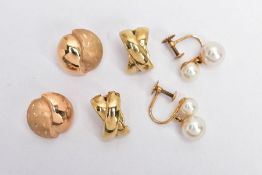 THREE PAIRS OF YELLOW METAL NON-PIERCED EARRINGS, the first a pair of circular earrings with a
