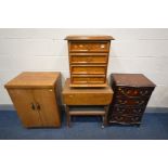 A MAHOGANY CHEST OF FOUR DRAWERS, along with an oak drop leaf tea trolley, German oak bedside