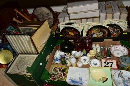 FOUR BOXES AND LOOSE CERAMICS, TREEN, GLASSWARE, PRINTS etc, including a late Victorian tin hat box,
