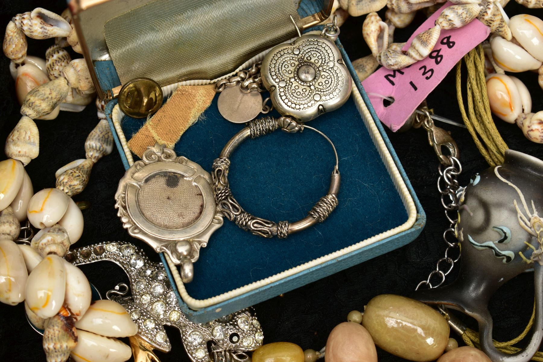 TWO BOXES OF MAINLY COSTUME JEWELLERY, to include costume jewellery necklace, a silver medal, some - Image 3 of 11