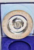 A BOXED WINSTON CHURCHILL CENTENARY '1874-1974' SILVER COMMEMORATIVE DISH, plain polished concave