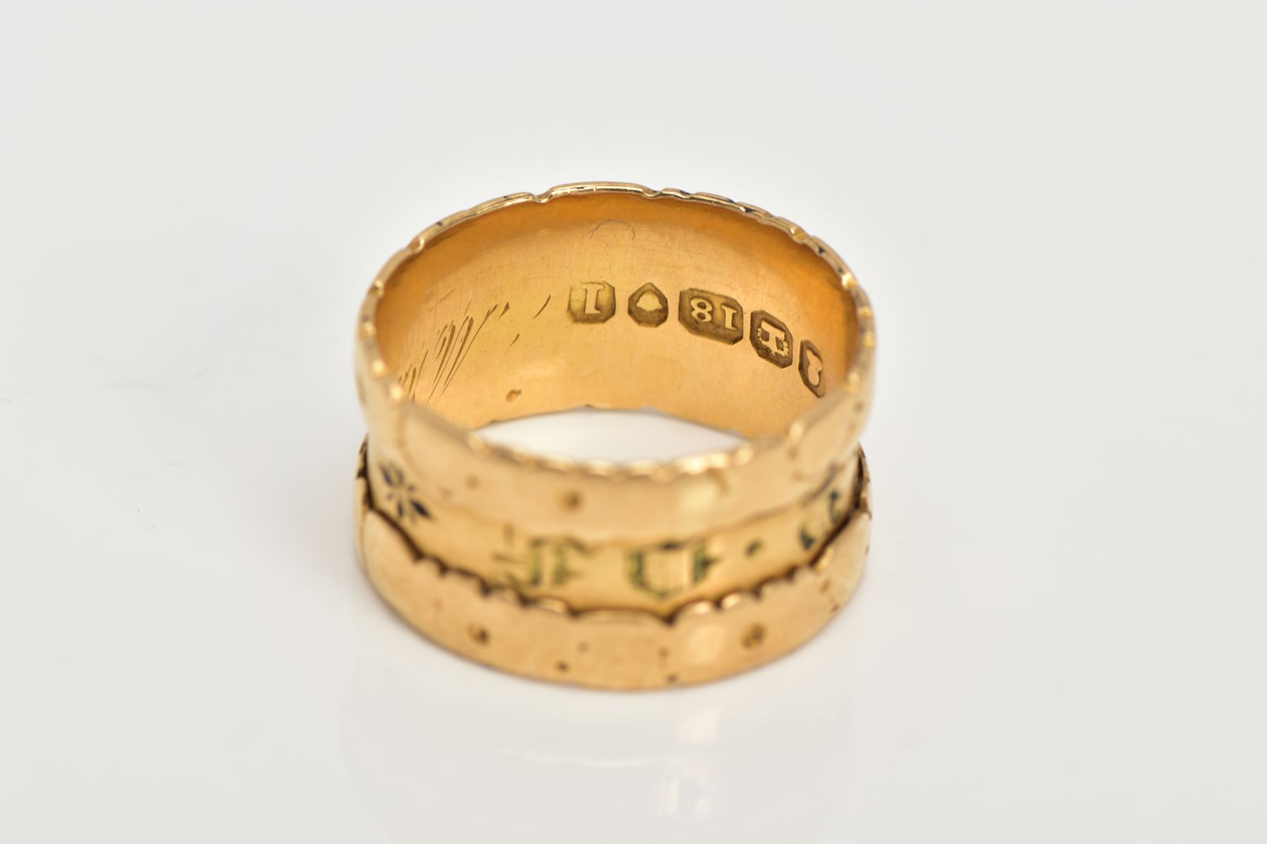 A GEORGE IV 18CT GOLD MEMORIAL RING, the band ring with a central enamel panel reading' In Memory - Image 3 of 3