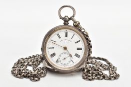 A WHITE METAL OPEN FACE POCKET WATCH WITH ALBERT CHAIN, the watch with a round white dial signed '