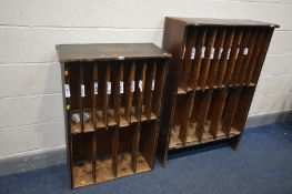 TWO STAINED PINE CABINETS with an arrangement of narrow dividers, largest cabinet 81cm x depth