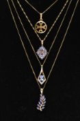 THREE 9CT GOLD GEM SET PENDANT NECKLACES AND A GOLD PENDANT NECKLACE, the gem set pendants set