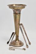 A SILVER POSY VASE AND THREE PAIRS OF SUGAR TONGS, the posy vase of a plain polished tapered form,