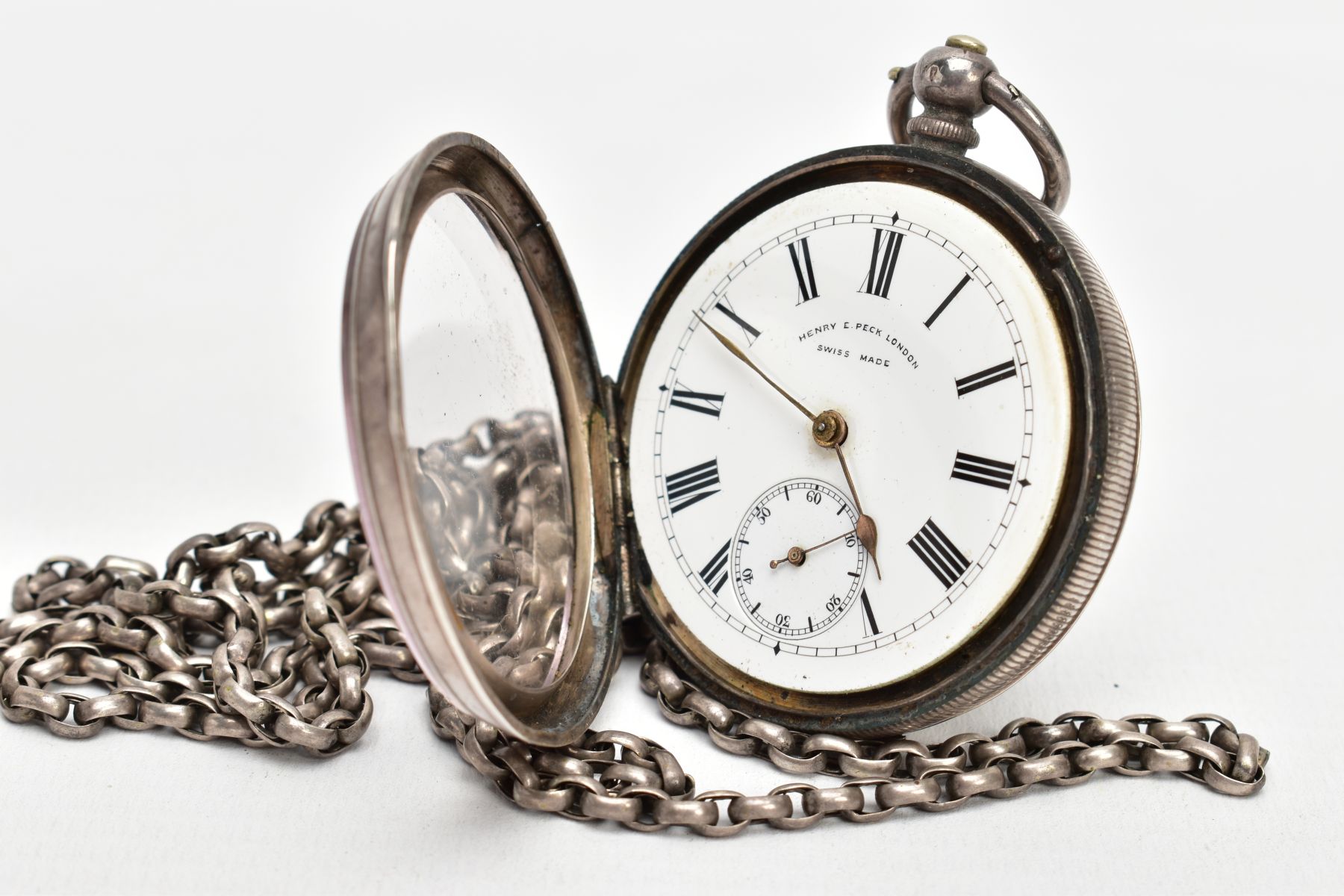 A WHITE METAL OPEN FACE POCKET WATCH WITH ALBERT CHAIN, the watch with a round white dial signed ' - Image 3 of 5