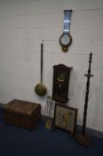 A QUANTITY OF OCCASIONAL FURNITURE, to include an oak wall clock, oak barometer with a mirrored