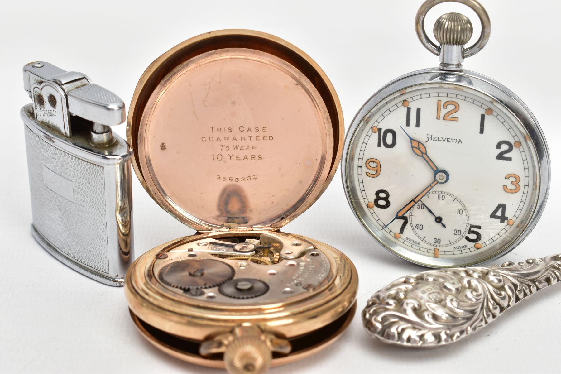 A GOLD-PLATED FULL HUNTER POCKET WATCH, A WHITE METAL OPEN FACE POCKET WATCH, LIGTHER AND A BUTTON - Image 4 of 5