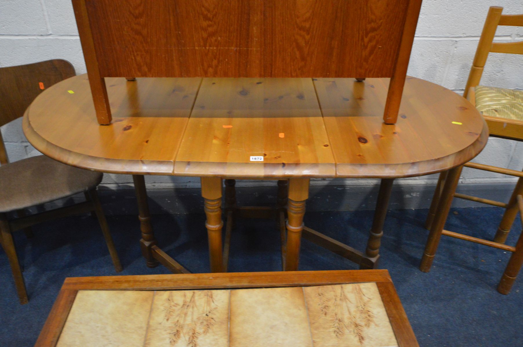 A PINE OVAL GATE LEG TABLE, pine high stool, a pair of walnut butterfly chairs, teak blanket box - Image 2 of 3