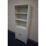 A MODERN WHITE FINISH OPEN BOOKCASE, with double cupboard doors, width 70cm x depth 30cm x height