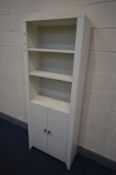 A MODERN WHITE FINISH OPEN BOOKCASE, with double cupboard doors, width 70cm x depth 30cm x height