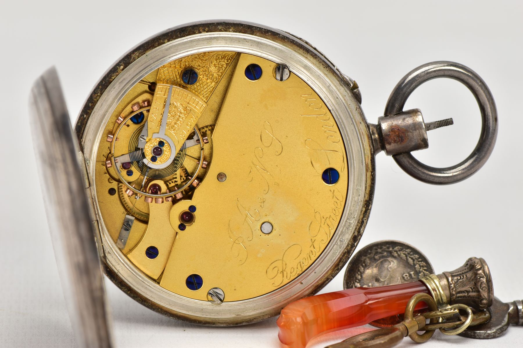 A SILVER OPEN FACE POCKET WATCH, WATCH KEY AND FOBS, the pocket watch, with a round white dial - Image 6 of 6