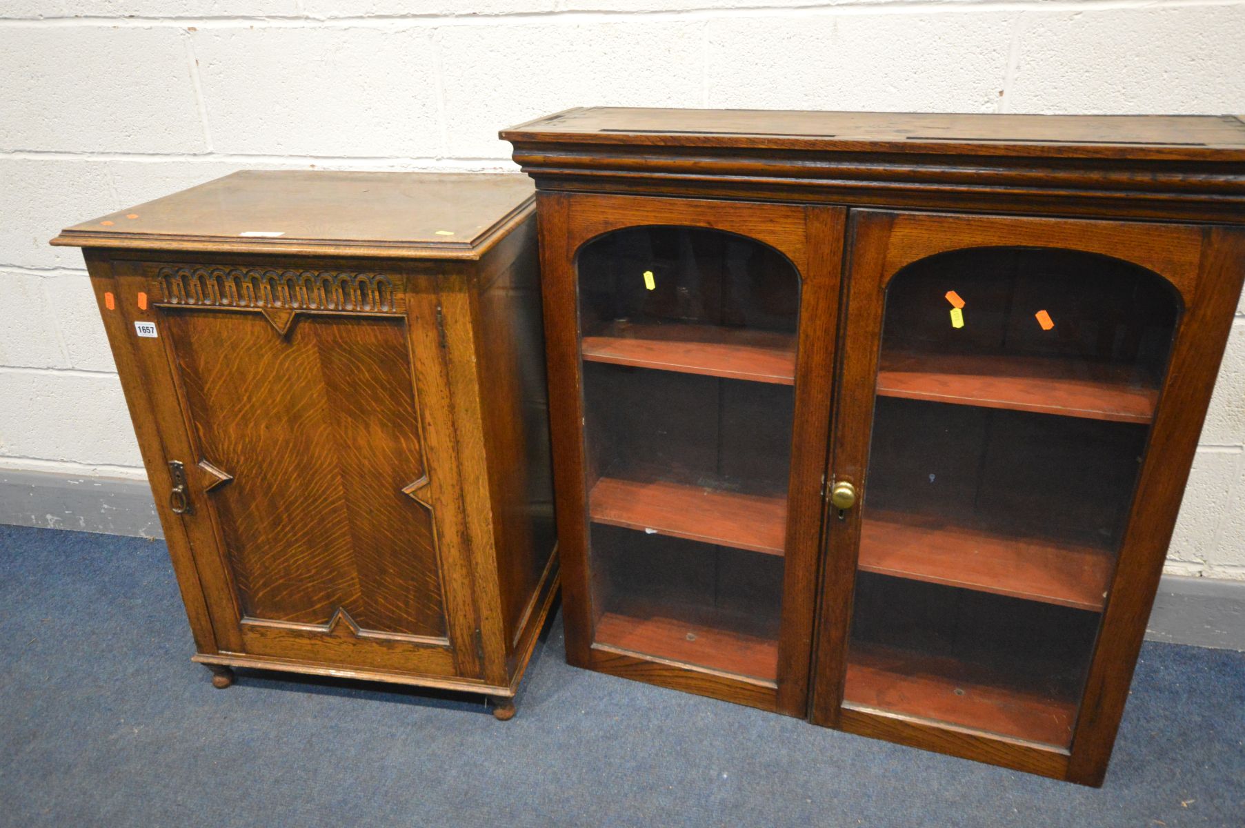 AN EARLY 20TH CENTURY OAK SINGLE PANELLED DOOR CABINET with a single shelf, on bun feet width 61cm x - Image 2 of 3