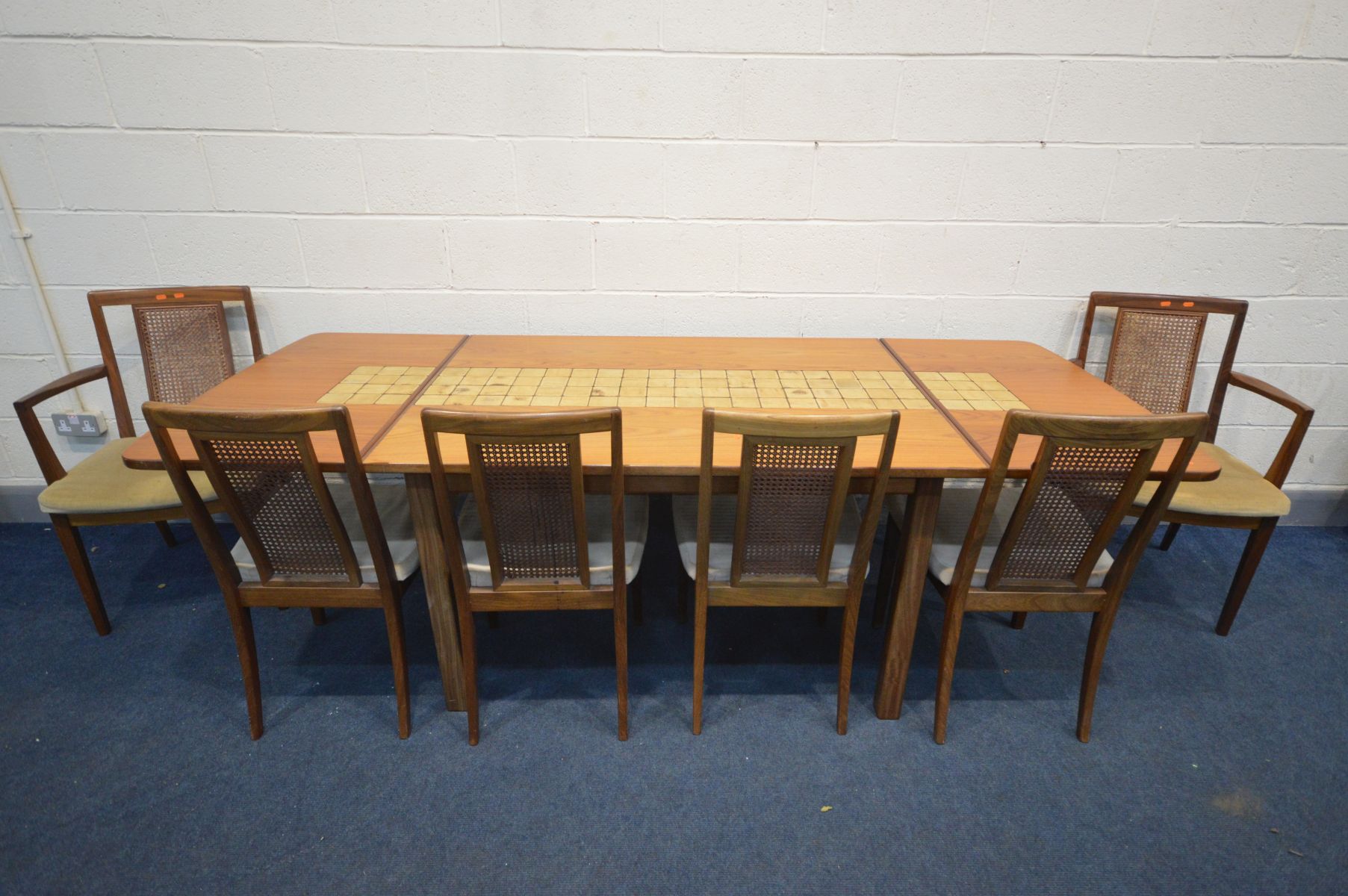 A G PLAN TEAK AND TILED TOP DROP END TABLE, on block legs, width 129cm x full width 229cm x depth