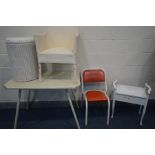 A FORMICA TOPPED KITCHEN TABLE, on tubular legs, three tubular chairs, a wicker bedroom chair, Lloyd