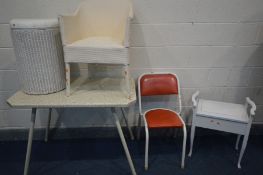 A FORMICA TOPPED KITCHEN TABLE, on tubular legs, three tubular chairs, a wicker bedroom chair, Lloyd