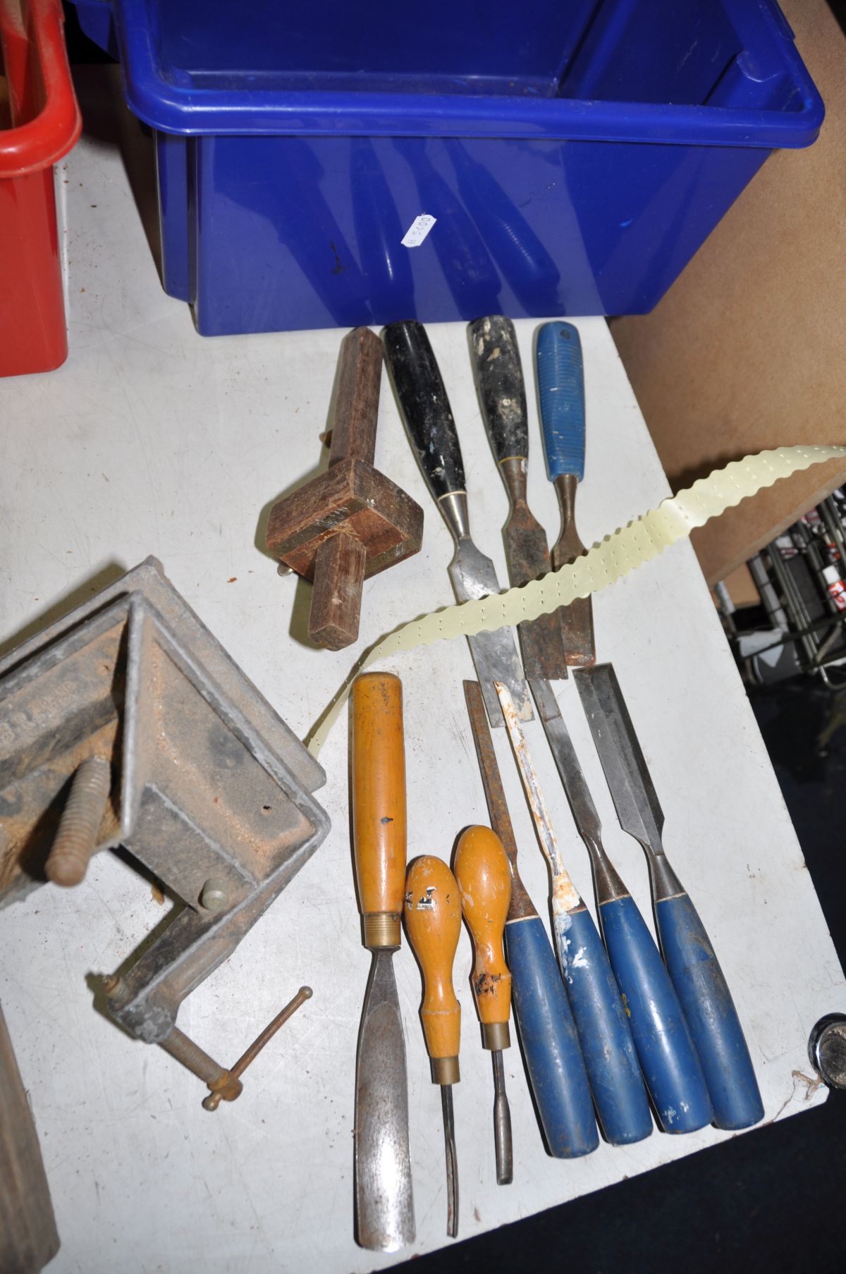 A COLLECTION OF CARPENTRY TOOLS including Stanley wood chisels, two wooden coffin plans, a 17in - Image 6 of 6