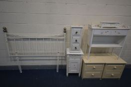 A QUANTITY OF WHITE/CREAM PAINTED FURNITURE comprising a pair of two drawer bedsides, hall table