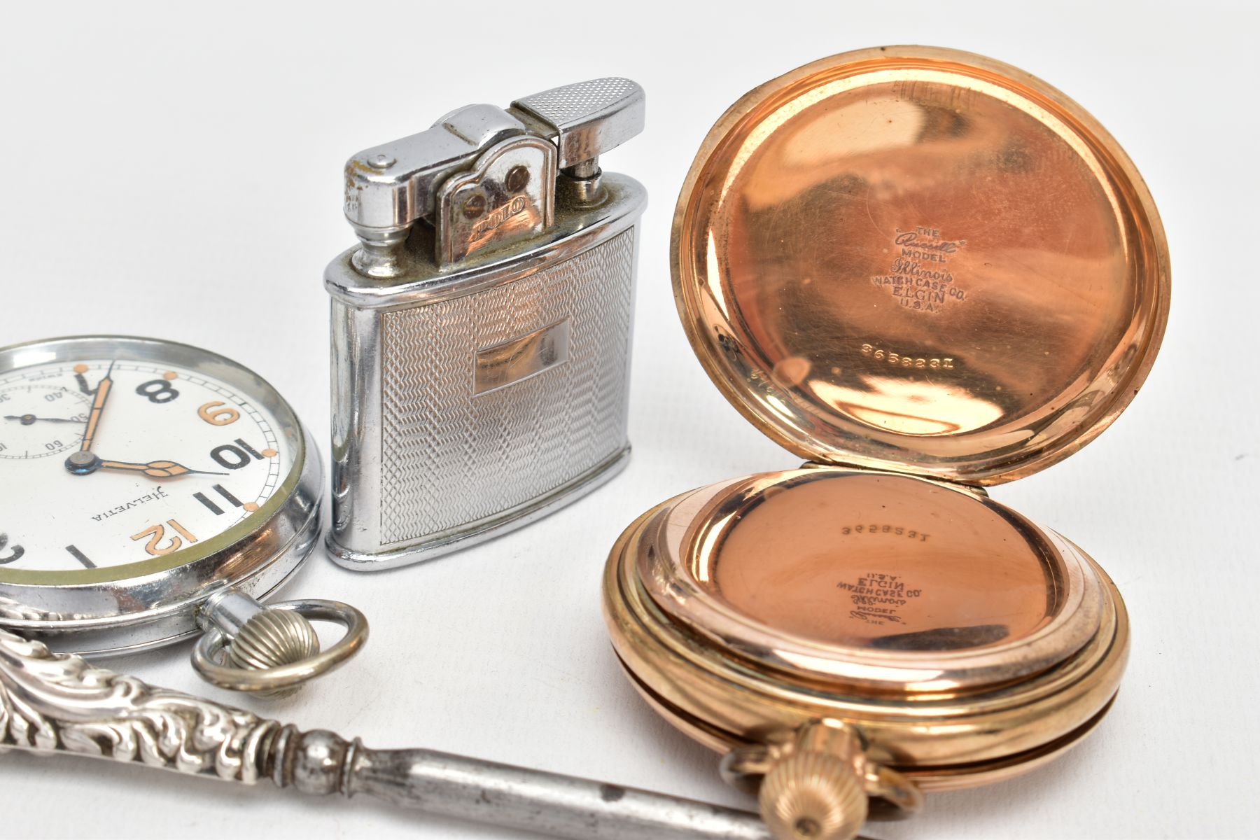 A GOLD-PLATED FULL HUNTER POCKET WATCH, A WHITE METAL OPEN FACE POCKET WATCH, LIGTHER AND A BUTTON - Image 3 of 5