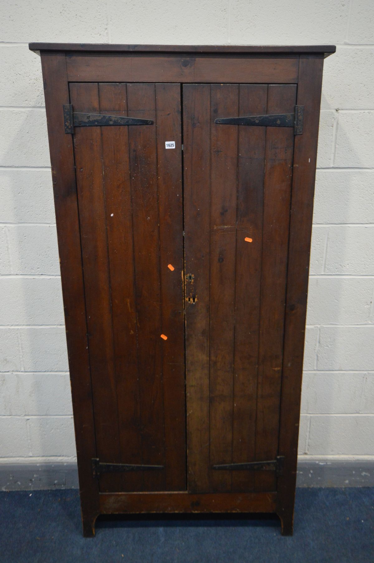 AN EARLY 20TH CENTURY SLATTED TWO DOOR CUPBOARD, width 96cm x depth 31cm x height 191cm - this lot