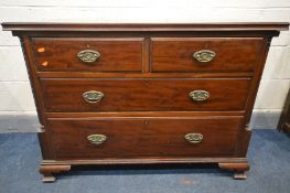 A GEORGIAN MAHOGANY CHEST OF TWO SHORT OVER TWO LONG DRAWERS, brass oval handles and escutcheons,