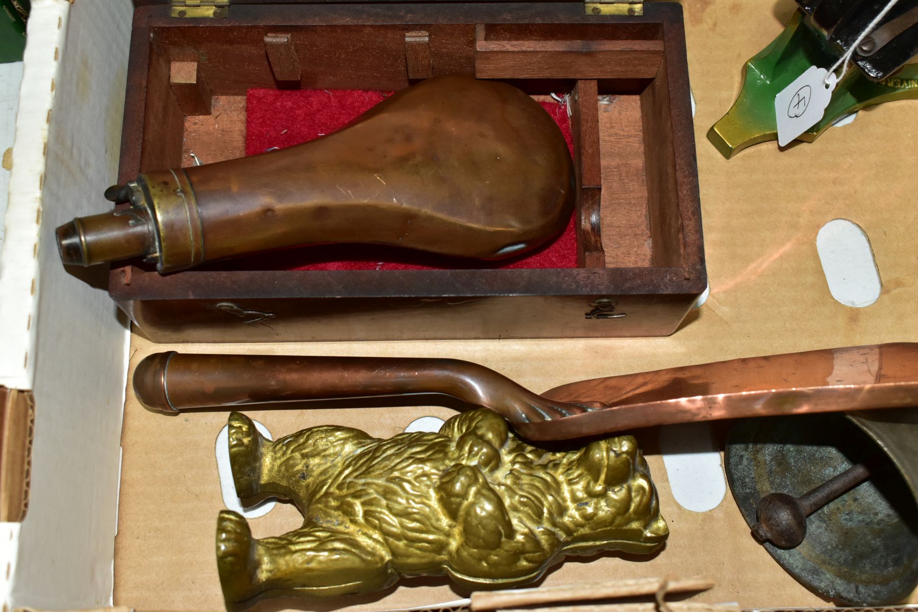 A BOX OF METALWARES AND COLLECTABLES, including a mahogany cased 'Universal Household Microscope', a - Image 5 of 6