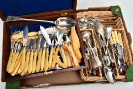 A CANTEEN OF CUTLERY AND A WICKER BASKET OF LOOSE CUTLERY, the wooden canteen of fish knives and