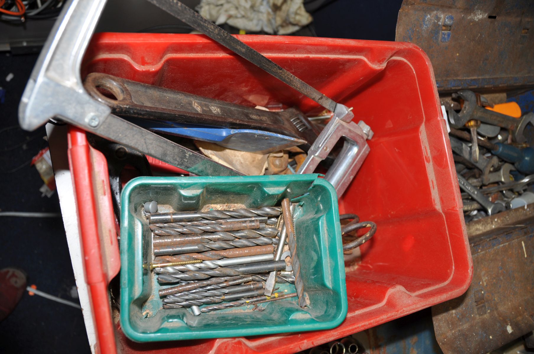 FOUR TRAYS AND A METAL TOOLBOX containing hand tools including a vintage Black and Decker Bench - Image 2 of 6