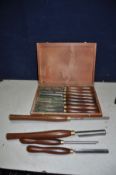 A CASED SET OF CROWN TOOLS WOOD TURNING CHISELS along with four other Crown tools chisels