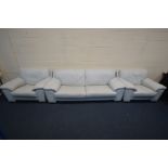 A PALE BLUE LEATHER THREE PIECE LOUNGE SUITE, comprising a sofa, length 225cm, and a pair of