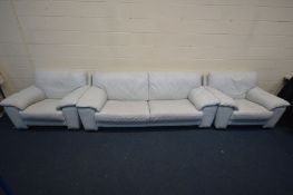 A PALE BLUE LEATHER THREE PIECE LOUNGE SUITE, comprising a sofa, length 225cm, and a pair of