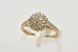 A 9CT GOLD DIAMOND CLUSTER RING, the single cut diamonds in a tiered cluster, 9ct hallmark for