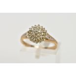 A 9CT GOLD DIAMOND CLUSTER RING, the single cut diamonds in a tiered cluster, 9ct hallmark for