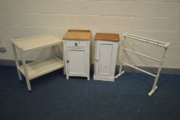 TWO PARTIALLY WHITE PAINTED AND OAK POT CUPBOARDS, a painted tea trolley and a towel rail (4)