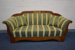 A 19TH CENTURY SCANDINAVIAN BIEDERMEIER TYPE SOFA, with a marquetry inlaid top rail, and stripped