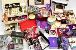 A LARGE BOX OF MOSTLY COSTUME JEWELLERY, to include a large quantity of costume jewellery, such as