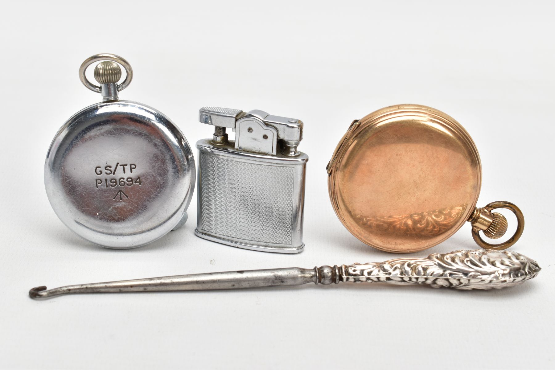 A GOLD-PLATED FULL HUNTER POCKET WATCH, A WHITE METAL OPEN FACE POCKET WATCH, LIGTHER AND A BUTTON - Image 2 of 5