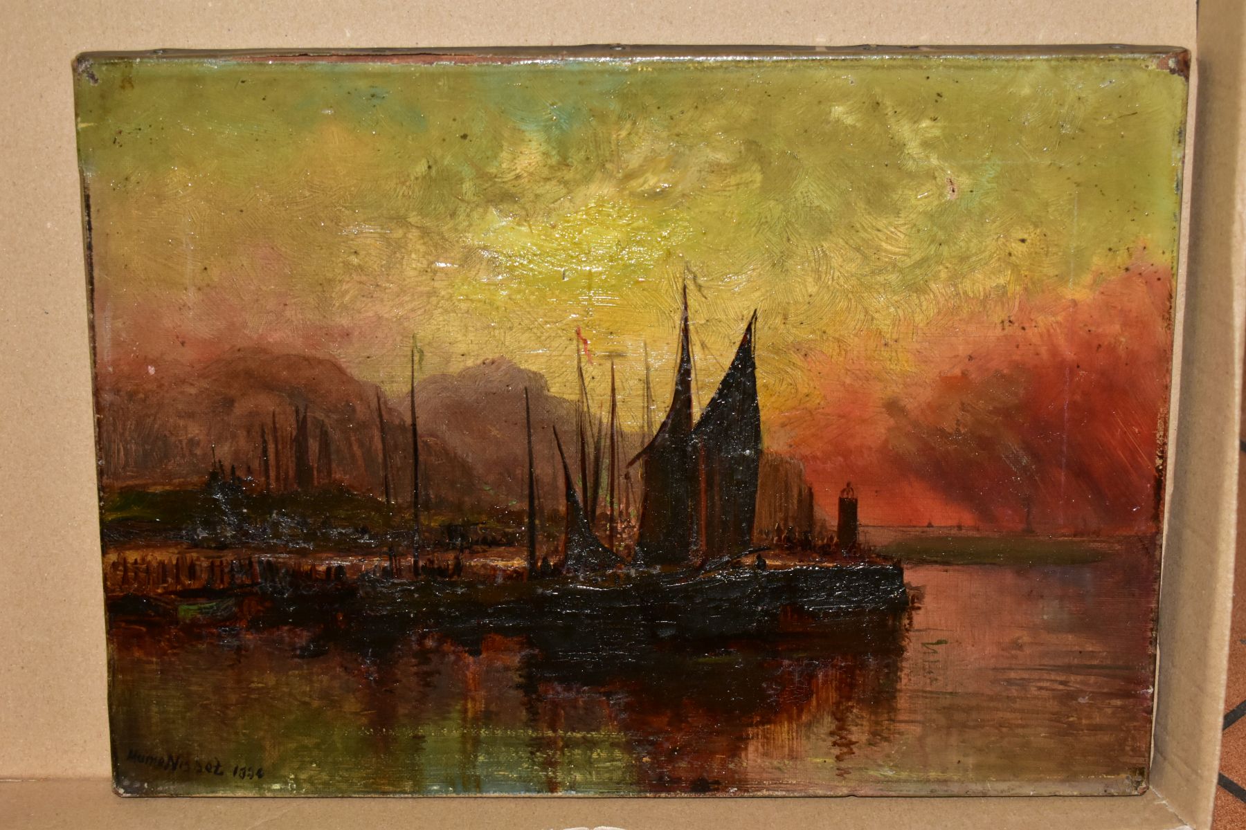 HUME NISBET (1849-1923), a sunset maritime harbour scene, boats to the foreground, hills to the